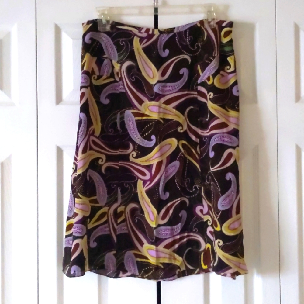 Beautiful 100% silk brown, purple and green paisley skirt.